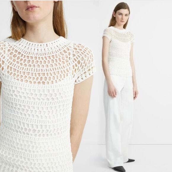 Theory Ivory Crochet T-Shirt Top P Short Sleeve Layered Knit Minimalist Tee - Picture 7 of 16